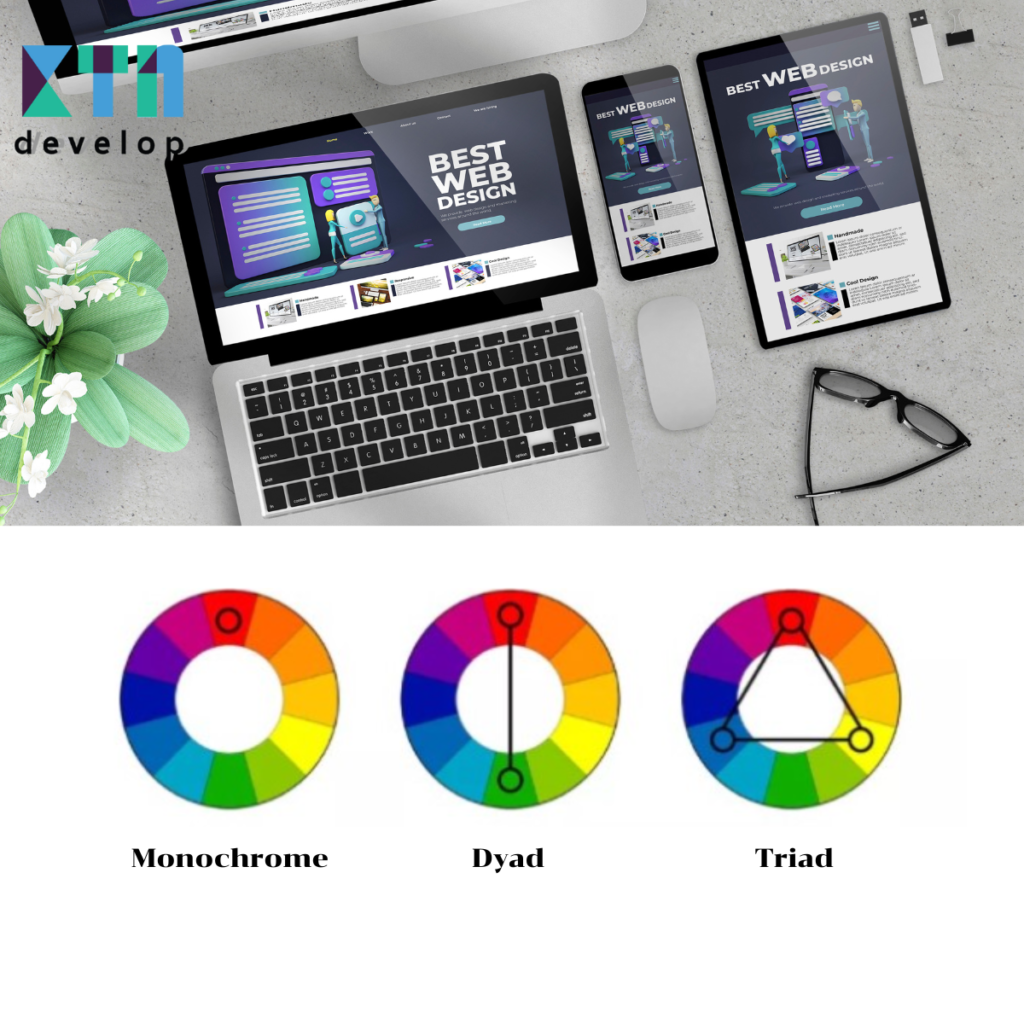 เลือกสีออกแบบเว็บไซต์ แบบMonochrome แบบDyad และแบบแบบTriad